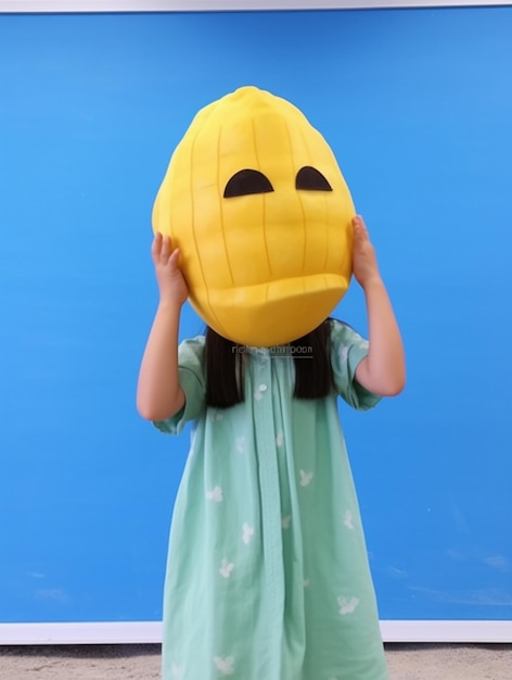 a child with a yellow face mask on their head