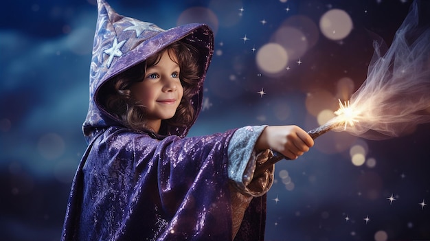 Foto bambino in costume di mago che agita una bacchetta magica l'immaginazione che trasforma l'ordinario in straordinario