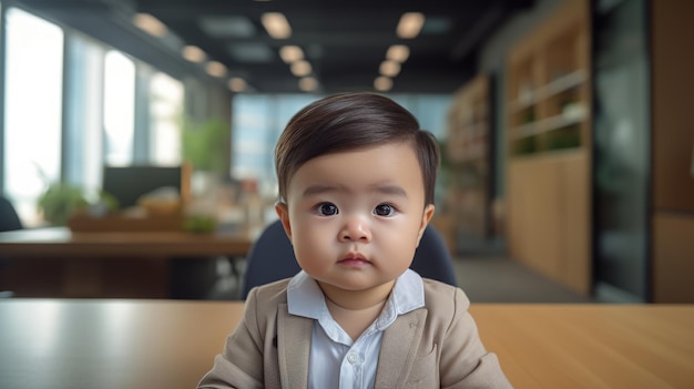 Photo child at work in the office sitting at the table baby at work