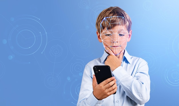 Child working with smartphone pensive portrait and facial scanner