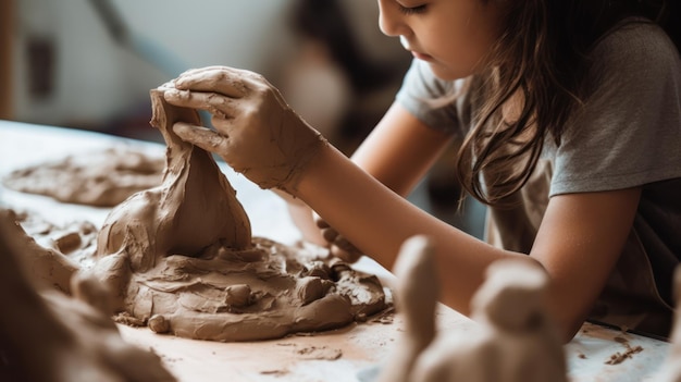 Photo a child works on a clay sculpture at a table.