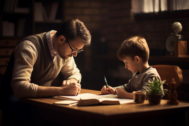 a child writes on a notebook with a man writing in the background.