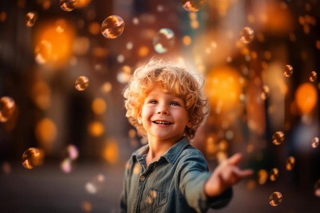 Child in a yellow hat looks up at the sky