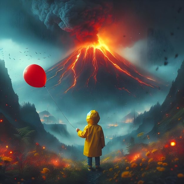 Foto bambino in impermeabile giallo che tiene un palloncino rosso di fronte all'eruzione del vulcano al crepuscolo.