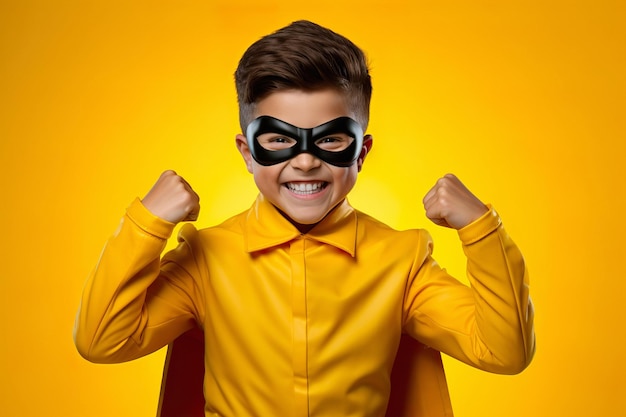 A child in a yellow superhero costume and mask on face shows exciting joyful emotions