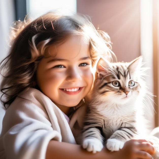 写真 若い金の女の子が可愛い子猫を抱きしめて 笑顔の女の子とペットを 居心地の良いソファに抱きしめています