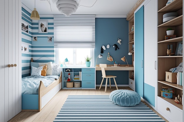 青と白のストライプの壁と遊び心のある装飾が施された Child39 の寝室 Generative AI