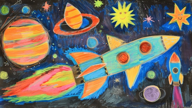 Child39s Crayon Space Drawing with Planets and Rockets