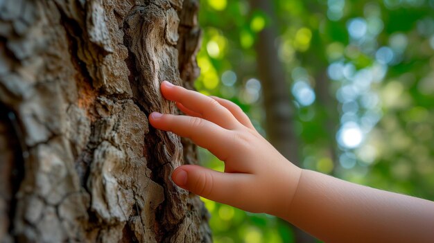 A child39s hand touching the texture of a cut tree trunk in nature Sustainability concept