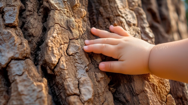 A child39s hand touching the texture of a cut tree trunk in nature Sustainability concept