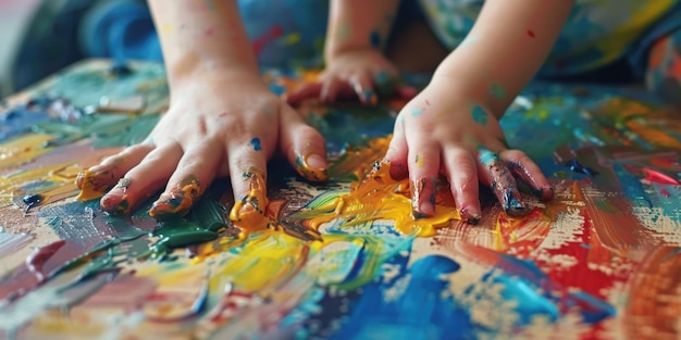 Foto le mani di un bambino sono ricoperte di vernice creando un disordine colorato su un tavolo concetto di giocosità e creatività
