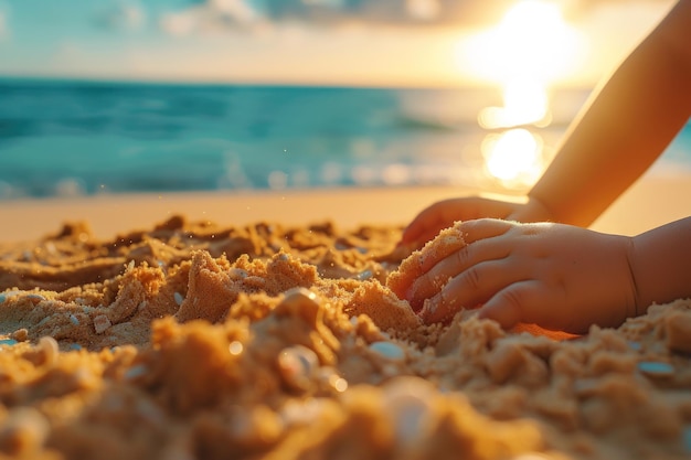 Child39s Hands Crafting Sandcastle on Sunny Beach Gedetailleerd beeld van een kind39s handen die nauwkeurig een zandkasteel bouwen op een helder zonnig strand