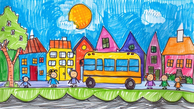어린이 학교 장면: 버스와 함께 크레이온 아트워크