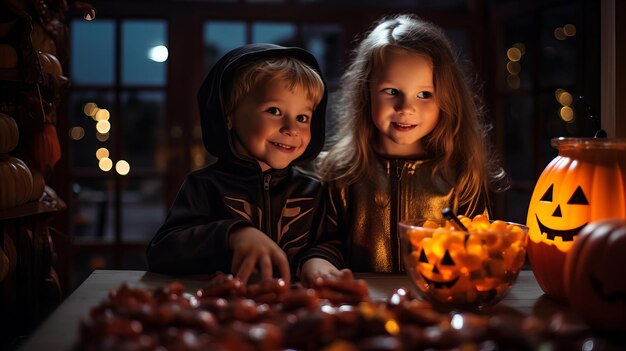 Foto childern vierde halloween met veel pompoen en snoep.