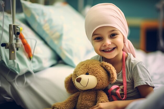 Childhood cancer Girl with toy bunny in hospital