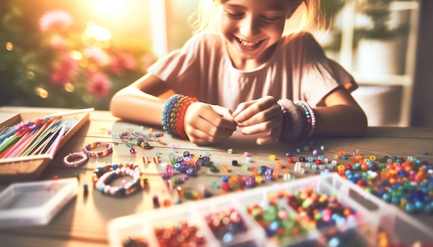 Foto creatività degli amici d'infanzia che realizzano braccialetti in una stanza colorata