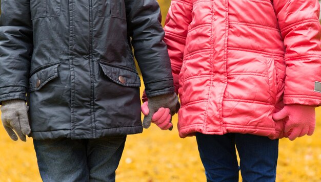 childhood, leisure, friendship and people concept - close up of little girl and boy in autumn clothes holding hands outdoors
