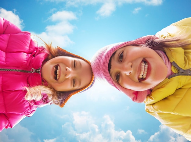 childhood, leisure, friendship and people concept - happy girls faces outdoors over blue sky and clouds background