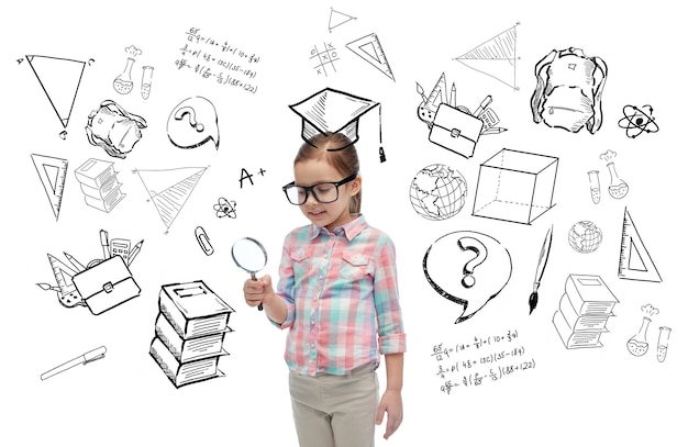 childhood, school, education, learning and people concept - happy little girl in eyeglasses with magnifying glass with doodles