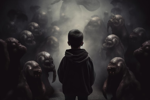 Childish nightmare fear phobia concept Rear view of child boy surrounded by scary vile monsters Horror illustration of Generative AI