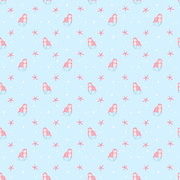 Childish seamless pattern with mermaids and crab and starfish gentle pattern for girls textile