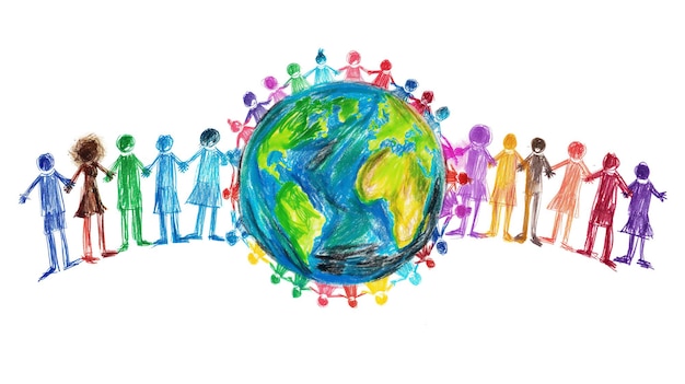 Childlike drawing of diverse people holding hands around Earth symbolizing global unity and peace