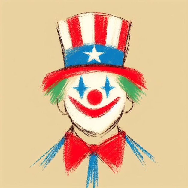 Foto disegno infantile in pastello di un clown con un cappello con la bandiera americana su beige che trasmette un tema patriottico