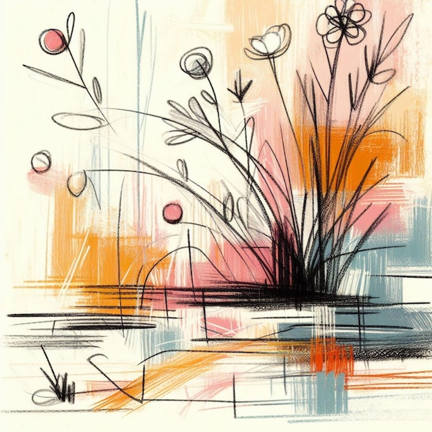 Childlike and whimsical pastel stick drawing inspired by a floral arrangement