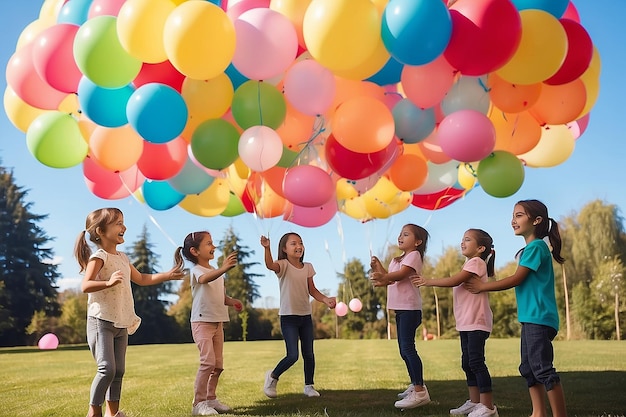 写真 パラシュートとボールで新鮮な空気で子供の誕生日ゲーム