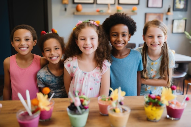 children 6 years old at the table with fruit desserts