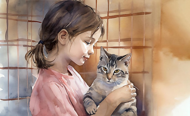 Photo children adopting cat from animal shelter taking her home post processed ai generated image