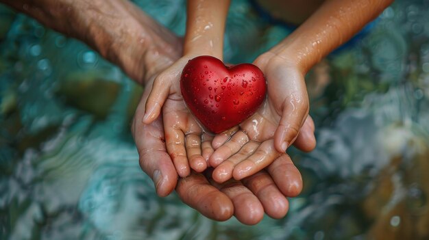 Children and adults holding red hearts health care love organ donation family insurance world heart day world health day foster homes