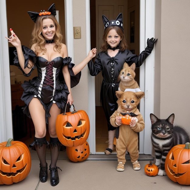 Photo children and animals dressed in halloween costumes going in search of candy