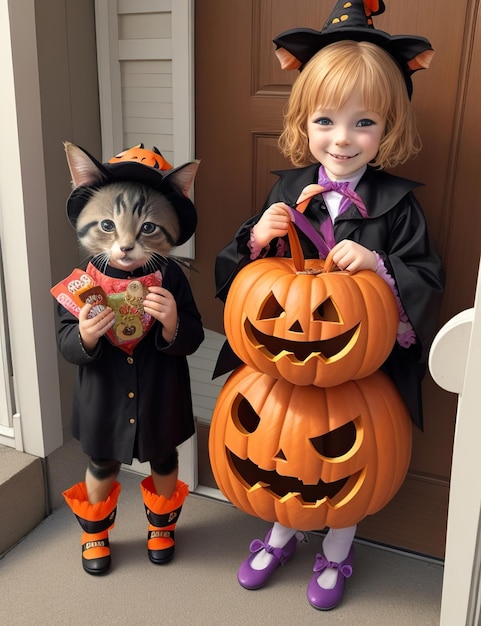 ハロウィーンの衣装を着てお菓子を探しに行く子供たちと動物たち