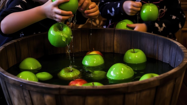 Children are bobbing green apples in a wooden barrel