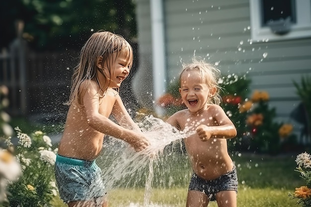 子どもたちは水を浴びせられる