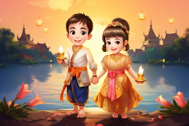Photo children are holding krathongs and wearing thai costumes loy kratong festival