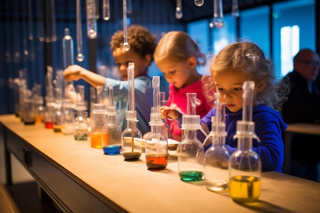 Children are looking at a test tube with the words " the word " on the bottom.