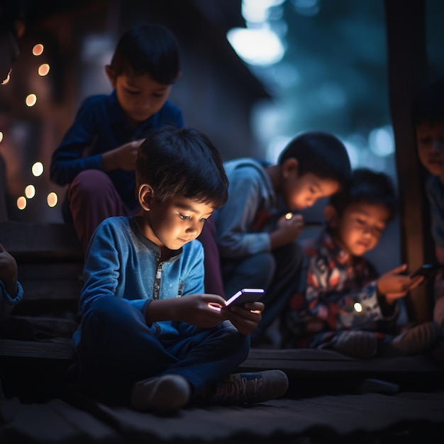 Children are playing games on smartphones and some are watching videos