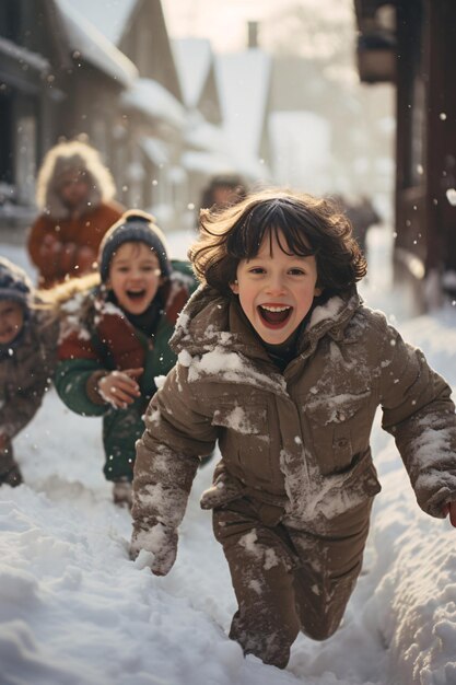 Photo the children are playing in the snow