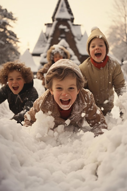 Foto i bambini stanno giocando nella neve.