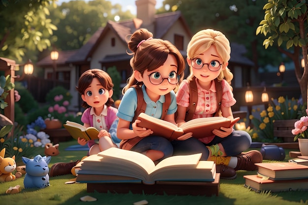 A children are reading books on a stack of books in garden scene