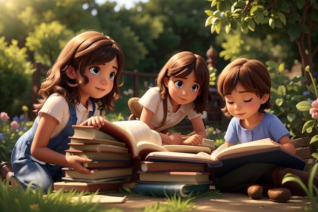 A children are reading books on a stack of books in garden scene