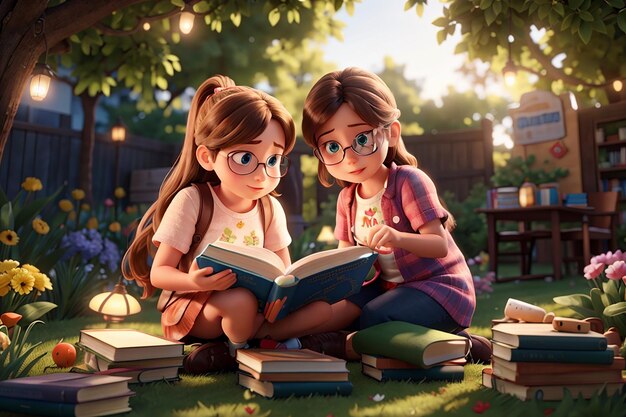 A children are reading books on a stack of books in garden scene