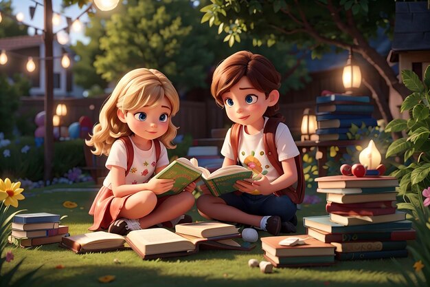 A children are reading books on a stack of books in garden scene