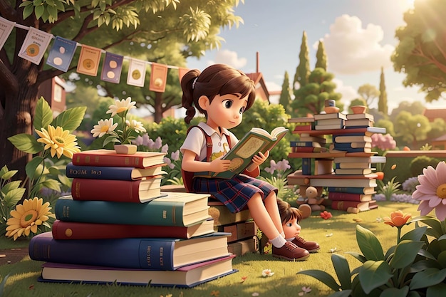 A children are reading books on a stack of books in garden scene