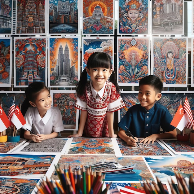 Foto i bambini sono seduti a un tavolo con molti dipinti