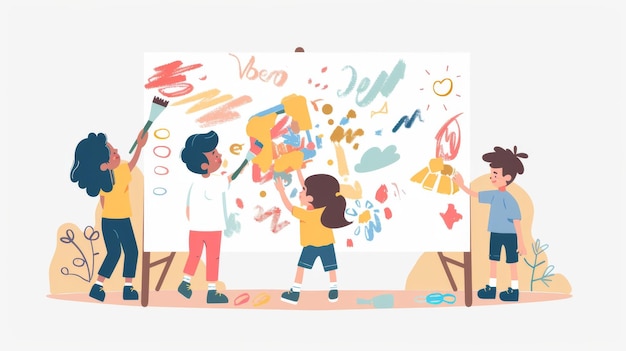 Photo children are sketching their dreams on a large whiteboard this illustration is a flat design style minimal modern illustration