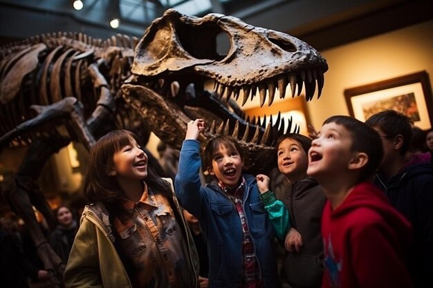 아이들은 공룡을 배경으로 공룡 앞에 서 있습니다.