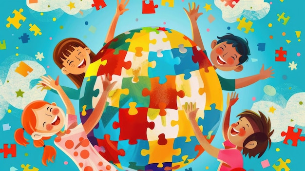Фото Дети по всему миру планеты сделаны из цветных головоломок